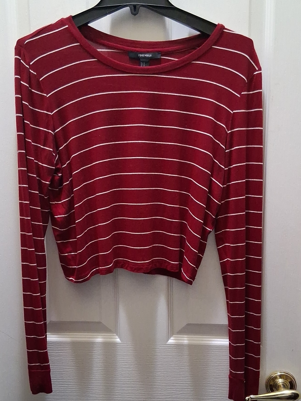 Forever 21 Burgundy and White Striped Long-Sleeve Cropped Top